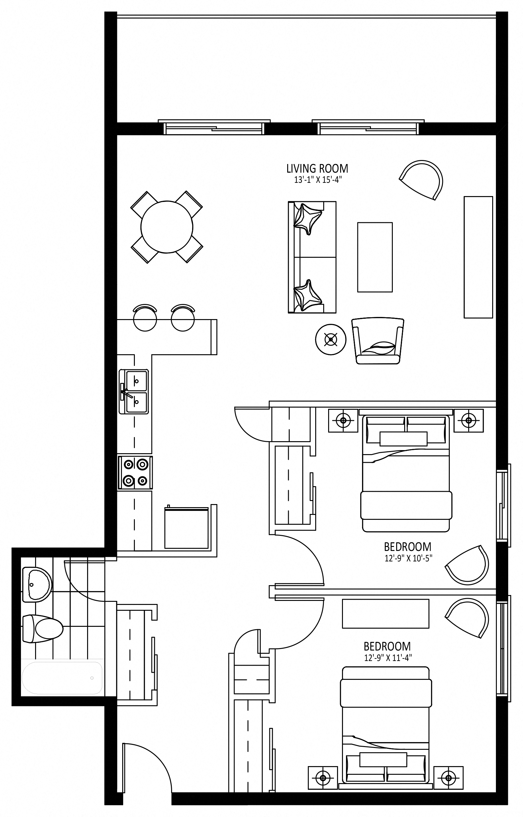 Floor plan for 2 beds, 1 bath, 896 sqft
